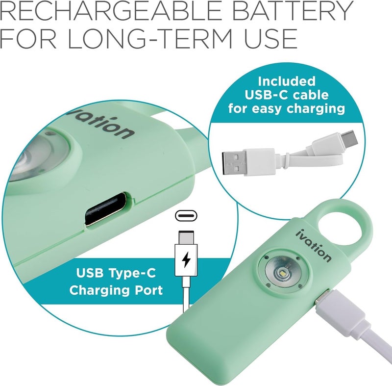 Ivation Personal Rechargeable SOS Alarm, Pocket Size Loud 130dB Sound Safety Siren & LED Panic Strobe Light with Carabiner Keychain Clip for Women, Children & Seniors, Green - Image 3